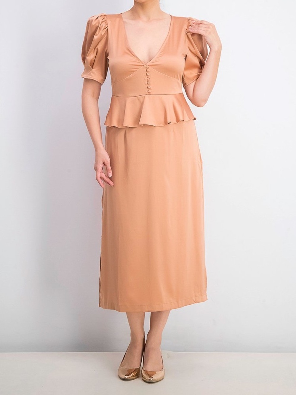 NEW Danielle Bernstein Peplum Ruffled Midi Dress Size 8 Medium Puff Sleeve